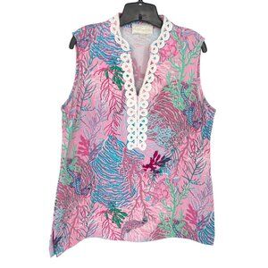 Pappagallo Womens L Sleeveless Tunic Tank Top VNeck Pink Sea Coral Seahorse Reef